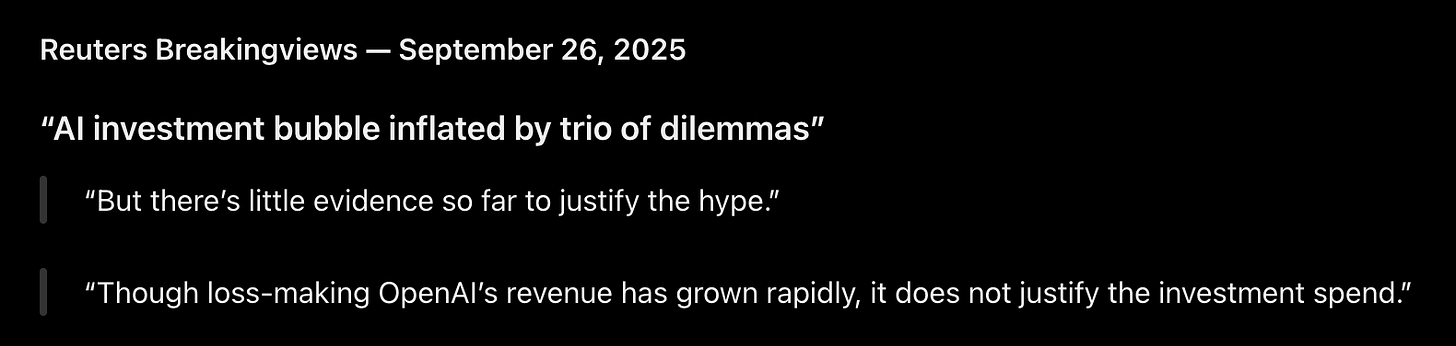 Reuters Breakingviews, September 26, 2025: “AI investment bubble inflated by trio of dilemmas”