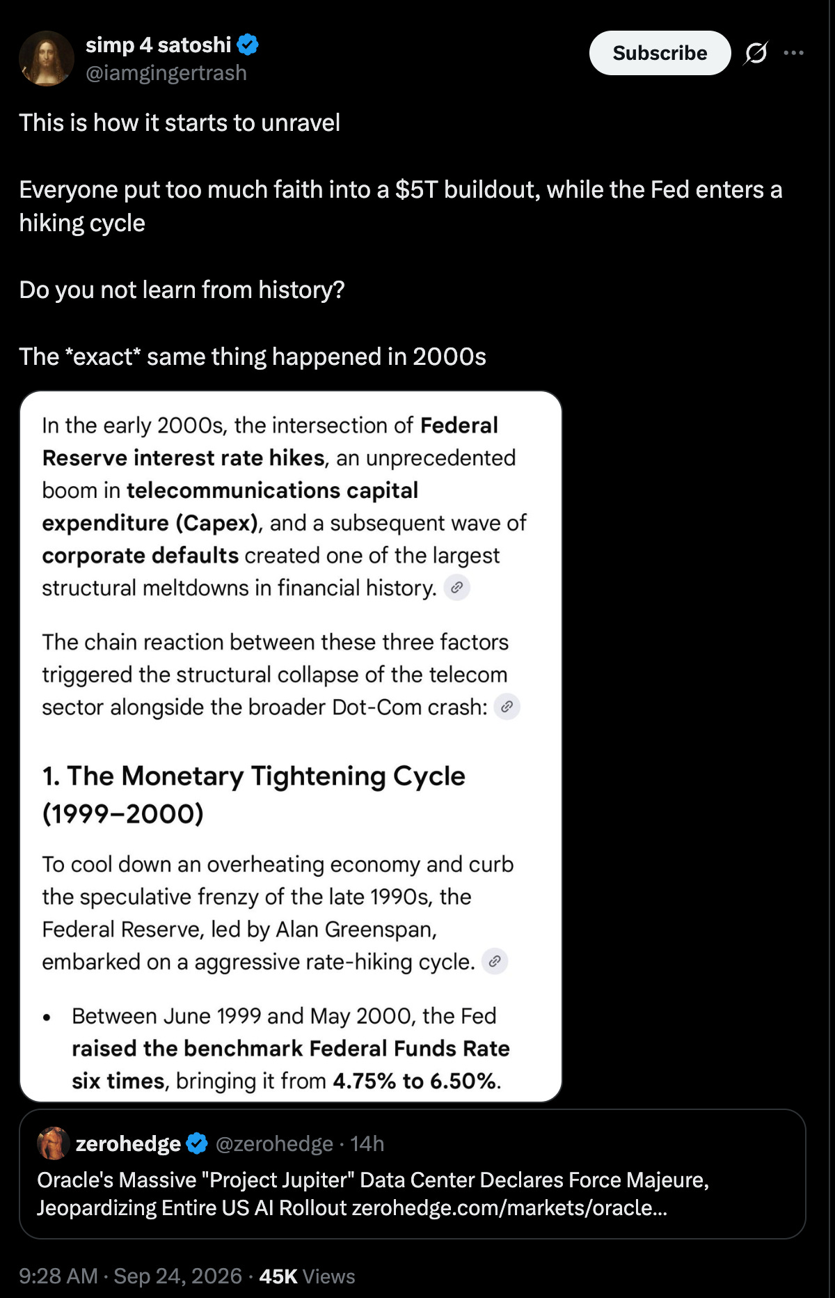 A September 24, 2026 tweet comparing the AI data center buildout to the 2000s telecom crash